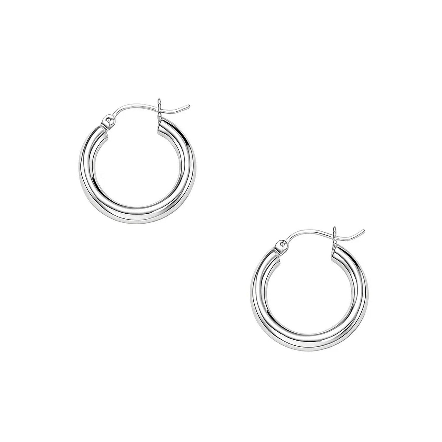 Two polished 10k white gold hoop earrings with snap lock backings.