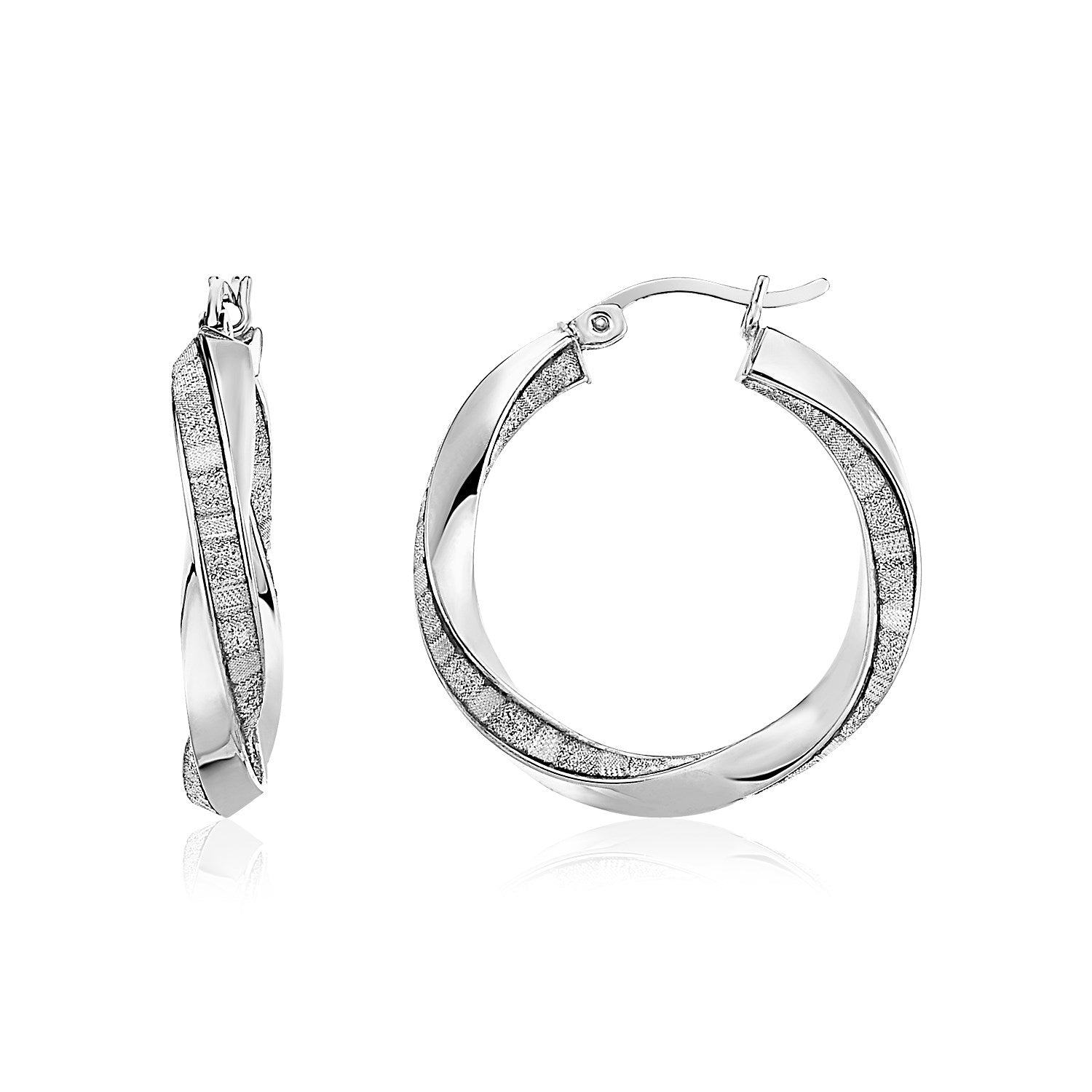Sterling silver twisted hoop earrings with polished and glitter textured surfaces.