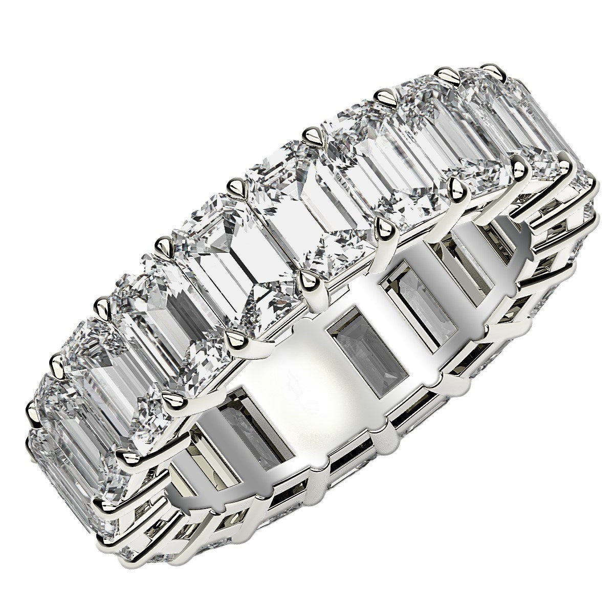 Emerald cut lab grown diamond eternity ring in 14k white gold.