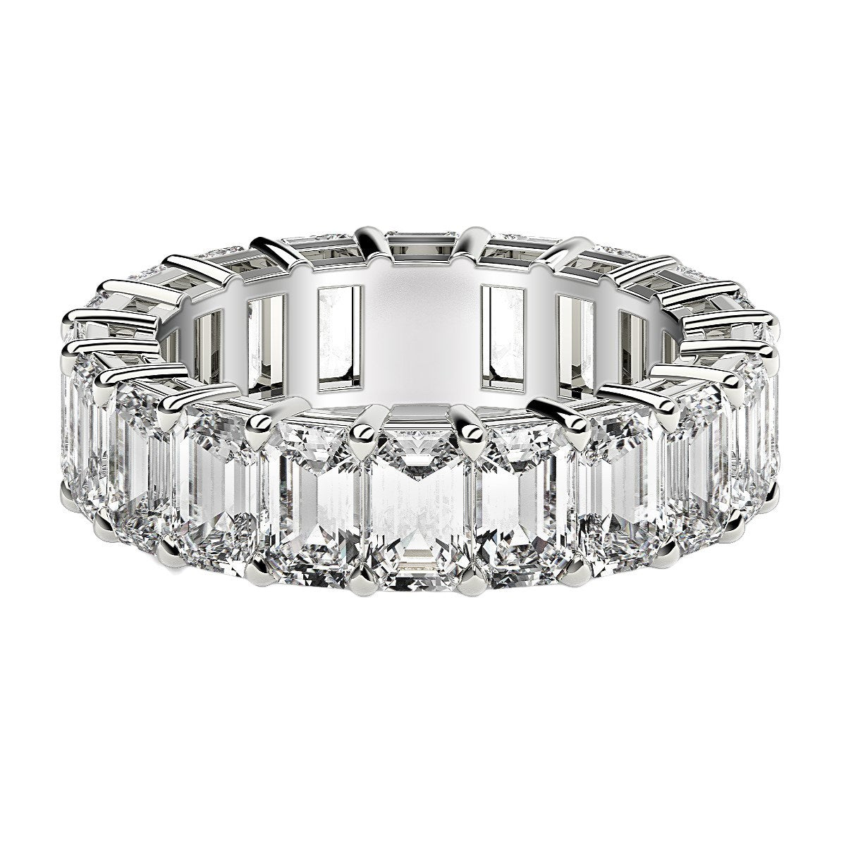 Emerald cut lab grown diamond eternity ring in 14k white gold.