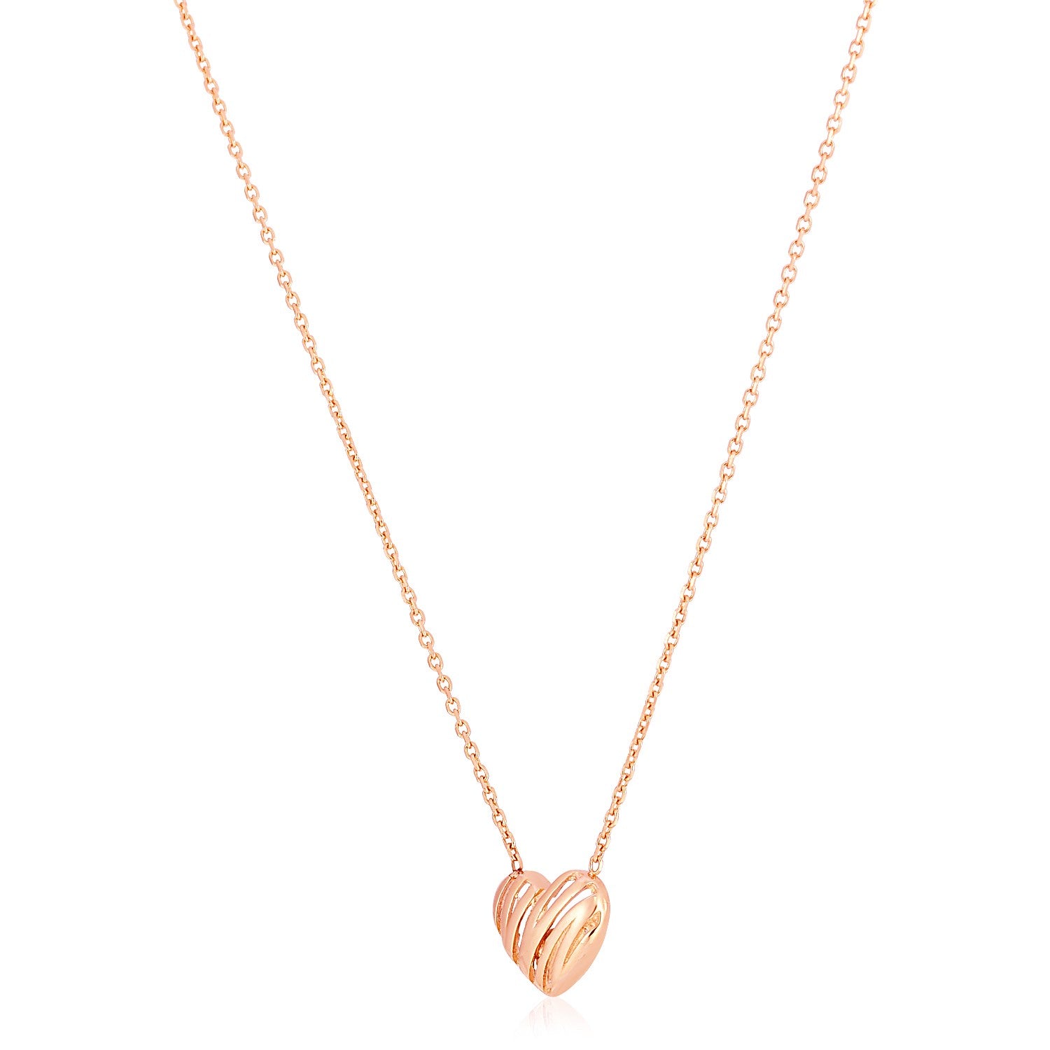 14k rose gold high polish scribbles heart necklace with a link chain.