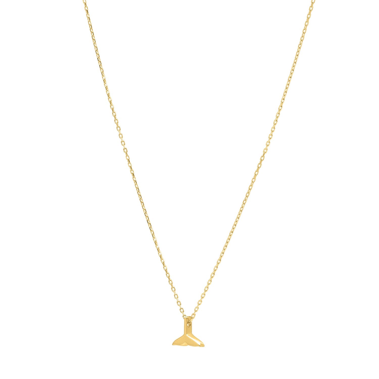 A 14K yellow gold whale tail pendant necklace with a link chain.