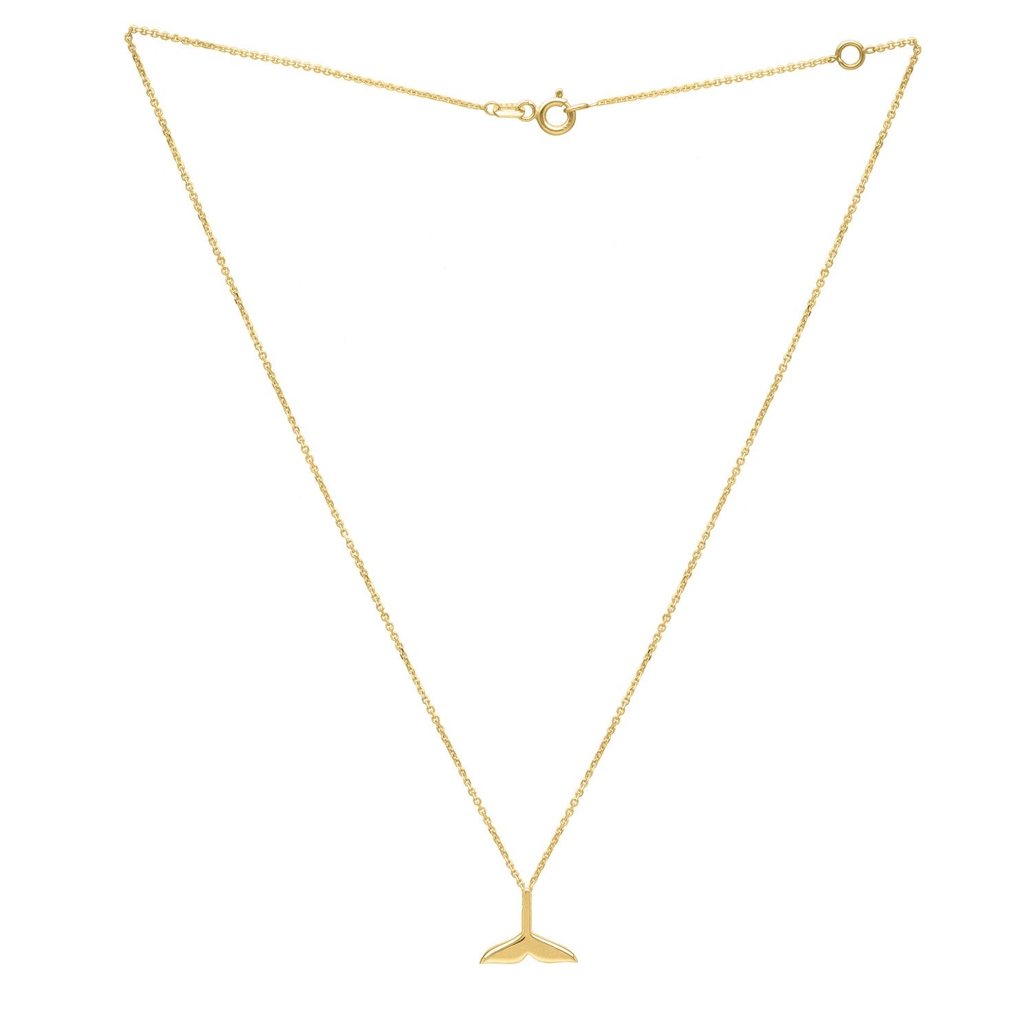 A 14K yellow gold whale tail necklace with a polished pendant and link chain.