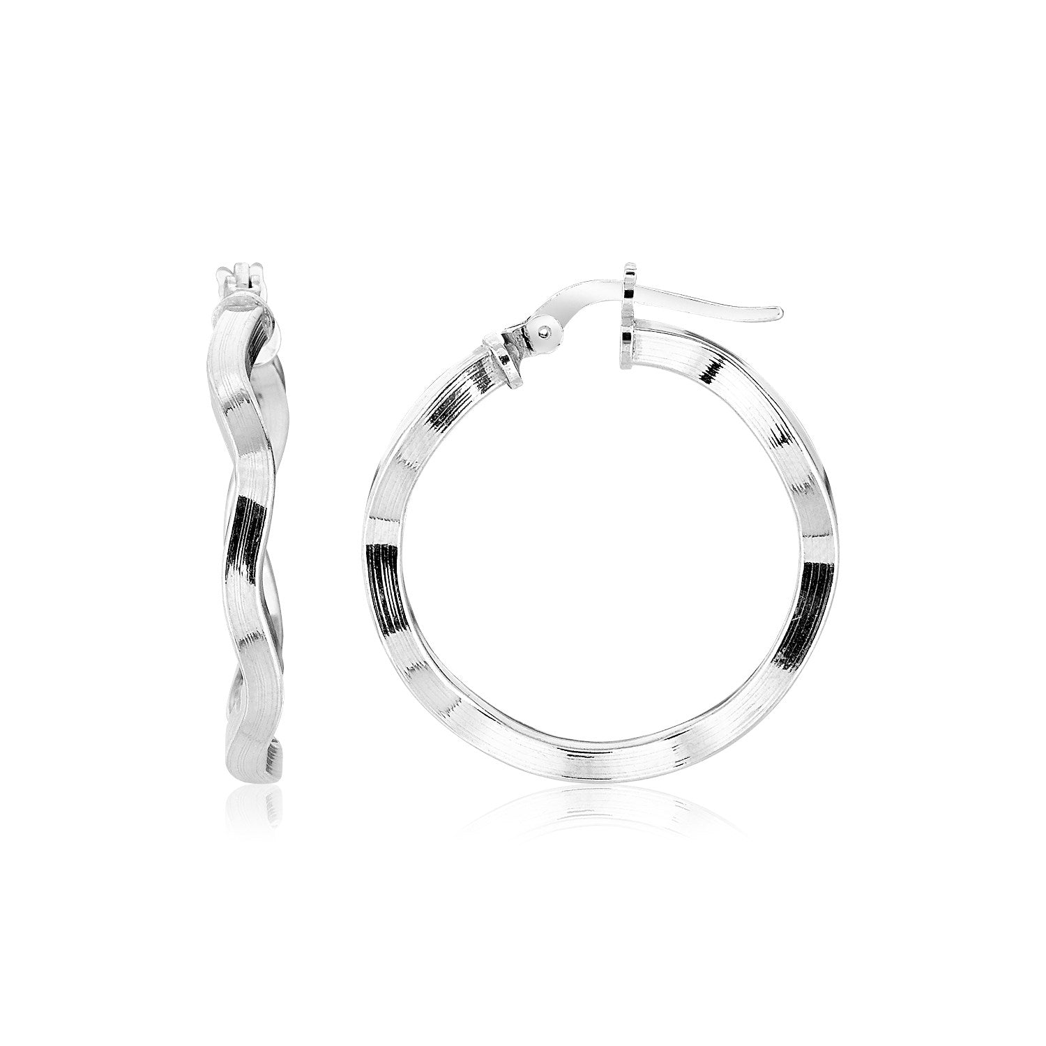 Sterling silver round polished wavy profile hoop earrings with hinged snap backs.