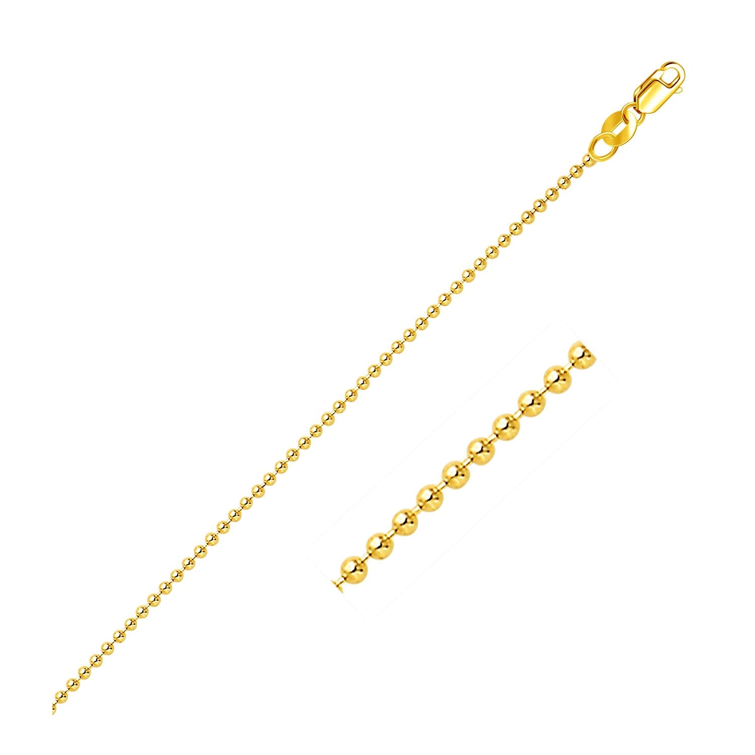 A 14k yellow gold bead chain with a lobster clasp.