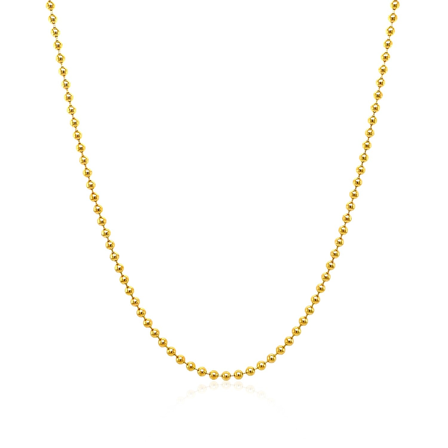 A 14k yellow gold bead chain, 1.5mm wide, with a lobster clasp.