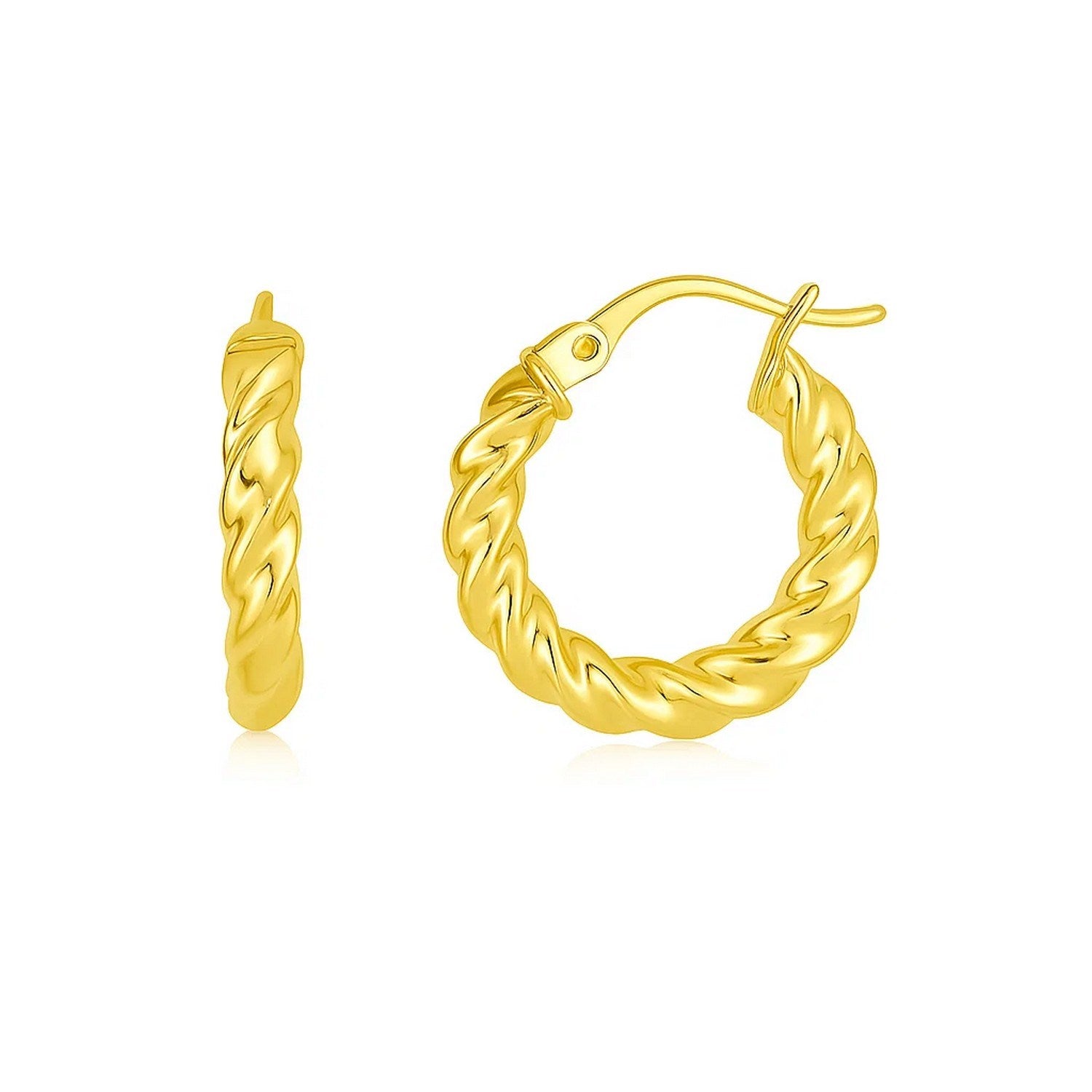 14k yellow gold polished twisted hoop earrings with hinged clasps.