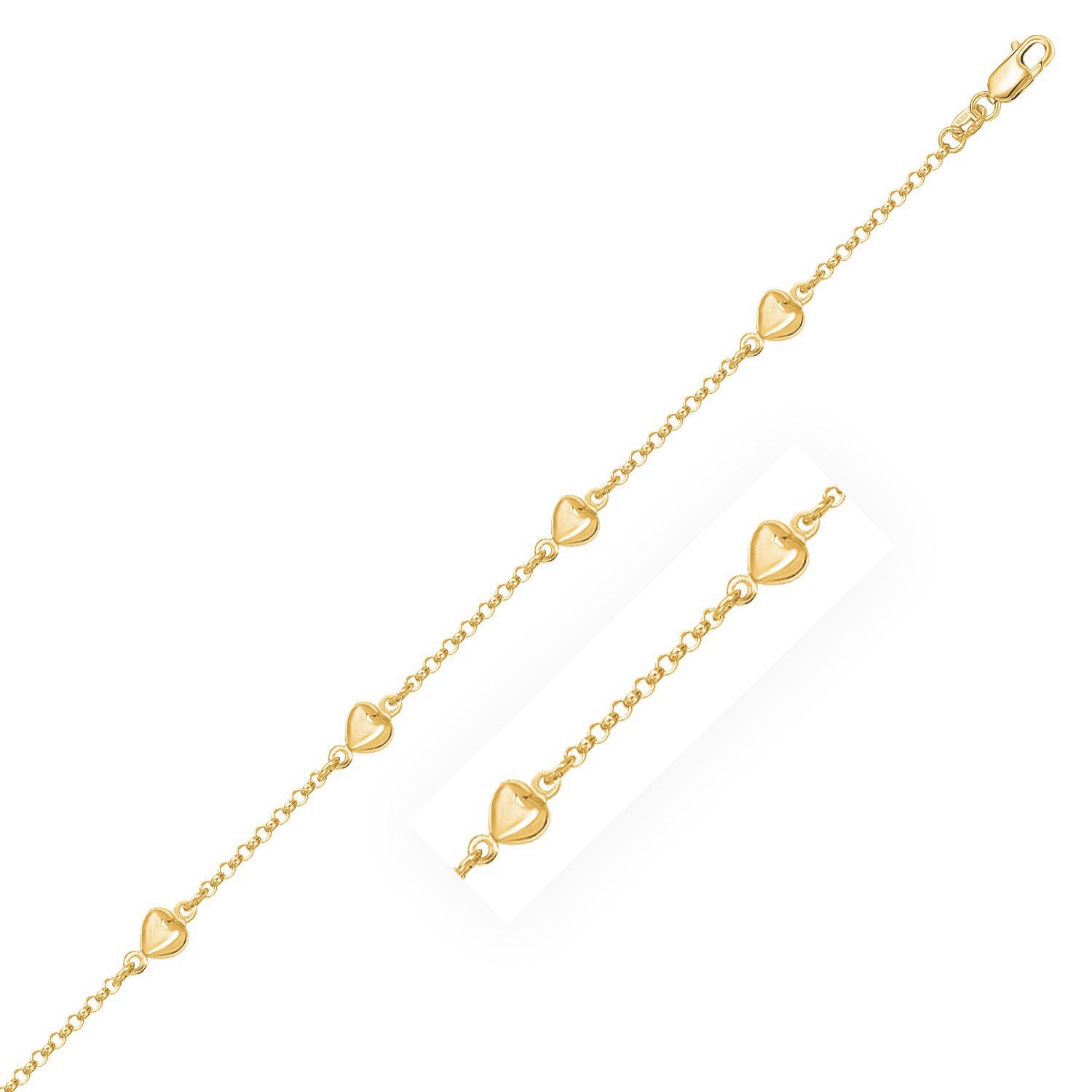 14k yellow gold rolo chain bracelet with puffed heart stations and a lobster clasp.