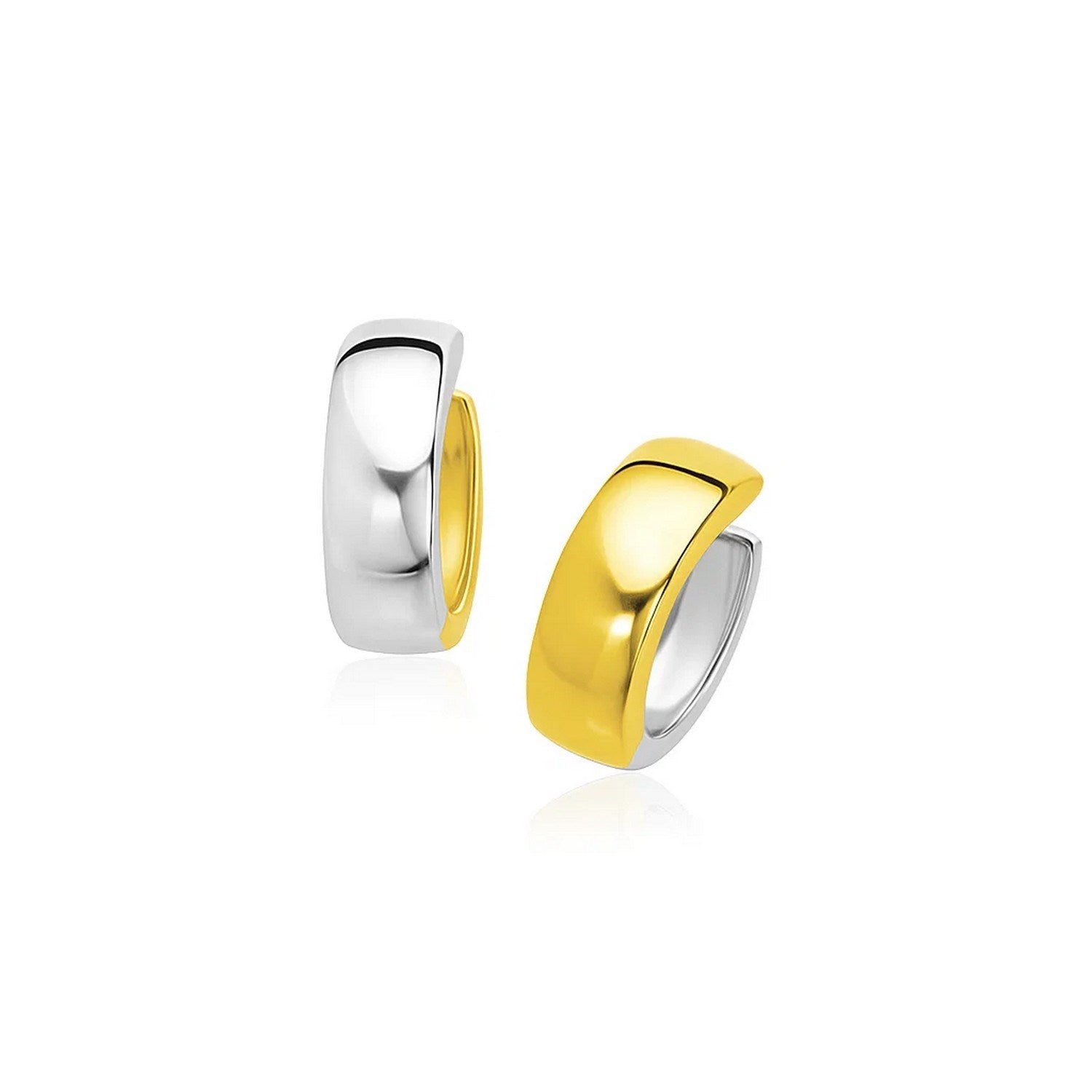 Two-tone 14k gold snuggable style hoop earrings with hinged snap backs.