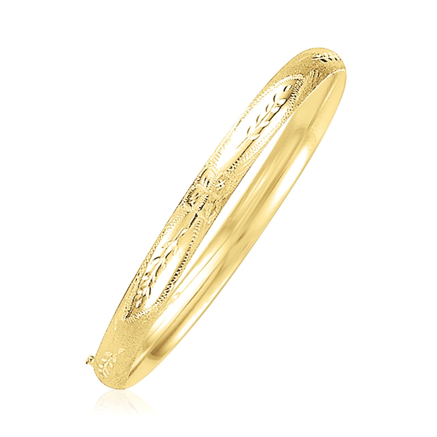 14k yellow gold dome Florentine design bangle with a hidden clasp.