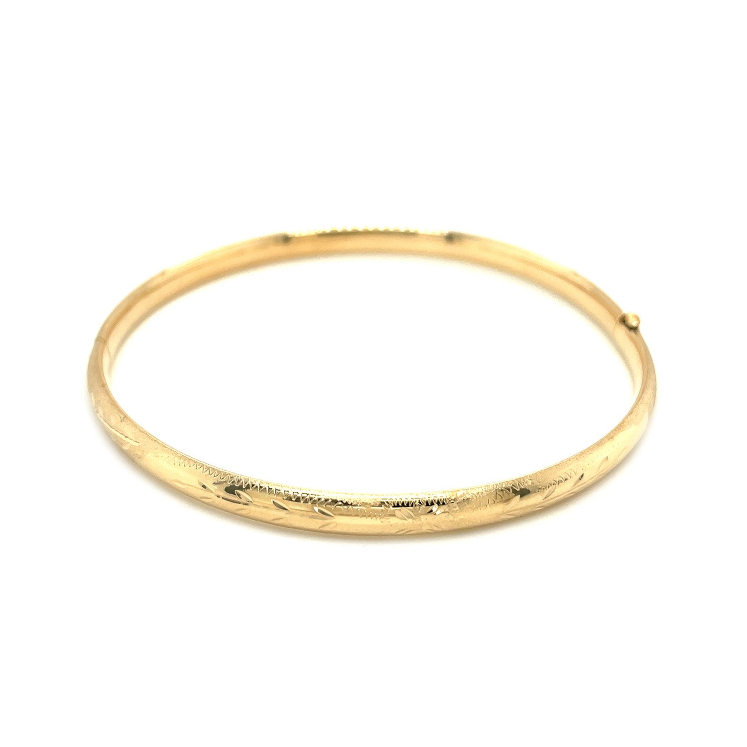 14k yellow gold dome Florentine design bangle with a hidden clasp.