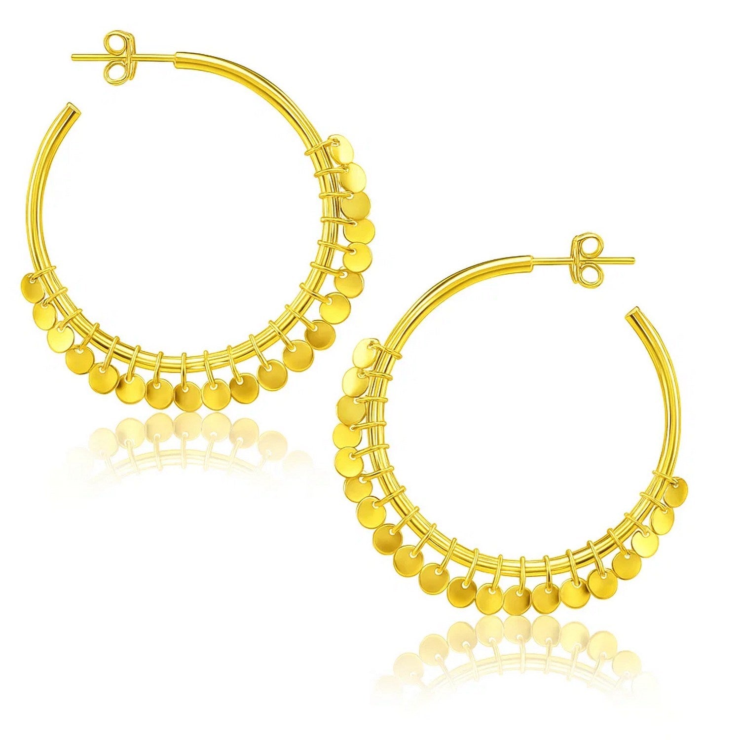 14k yellow gold hoop earrings with dangling sequins and push-back closures.