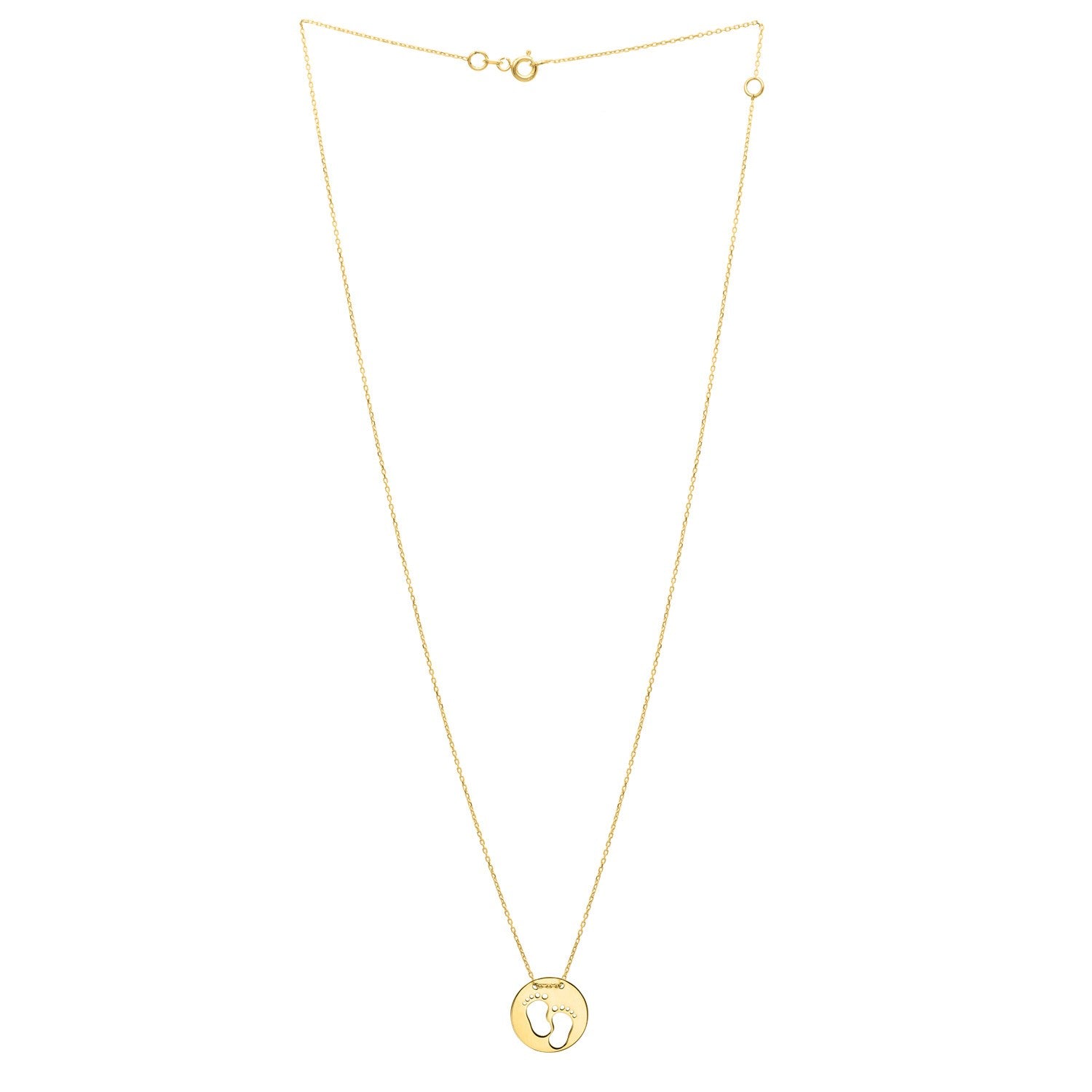 10K yellow gold necklace with a round pendant featuring baby footprints.