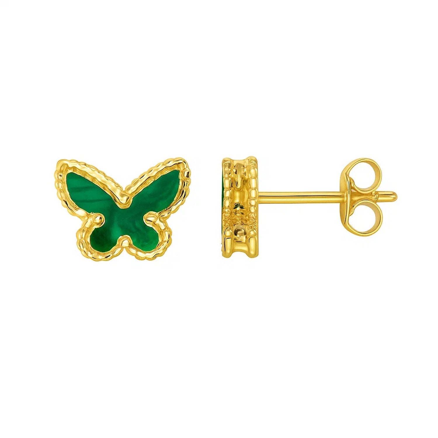 14K yellow gold butterfly stud earrings with green malachite inlay and push-back closure.