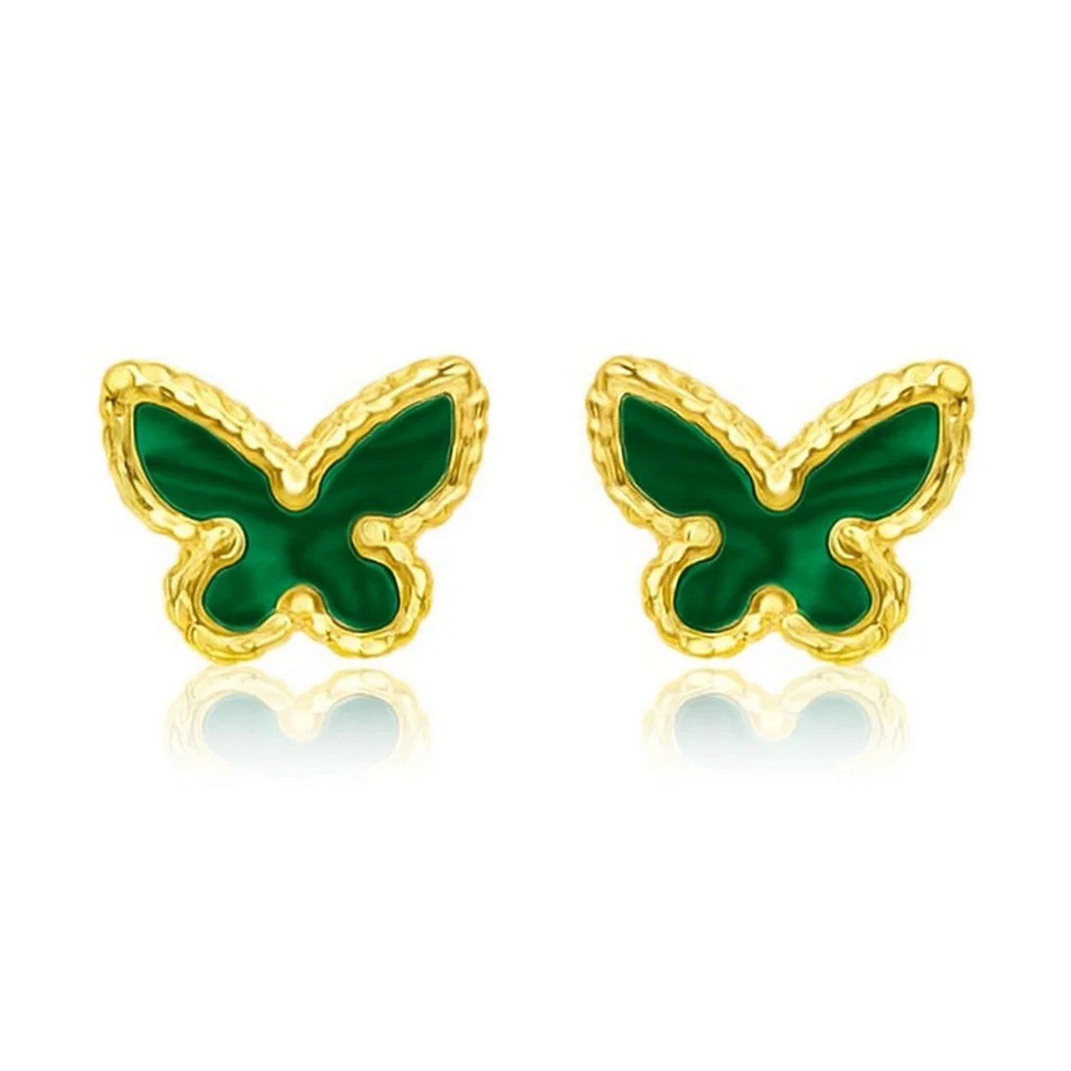 Pair of 14K yellow gold butterfly stud earrings with green malachite inlays.