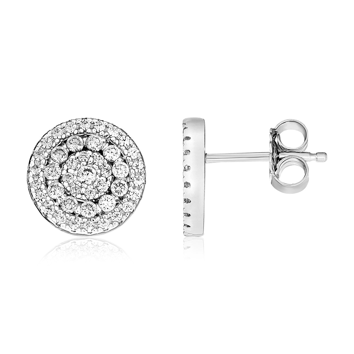 Sterling silver halo style cubic zirconia earrings with pushback clasps.