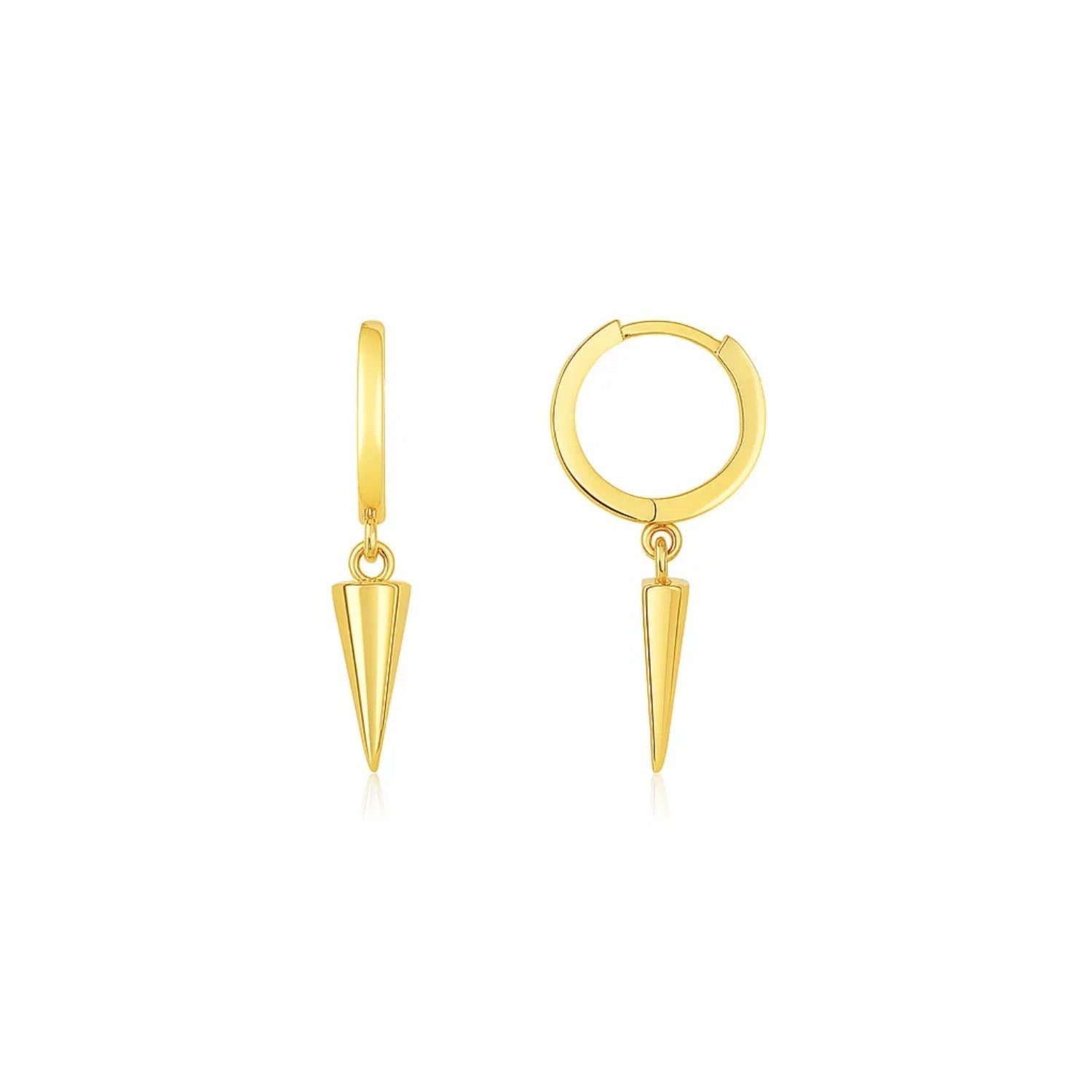 A pair of 14K yellow gold dangling spike drop hoop earrings.