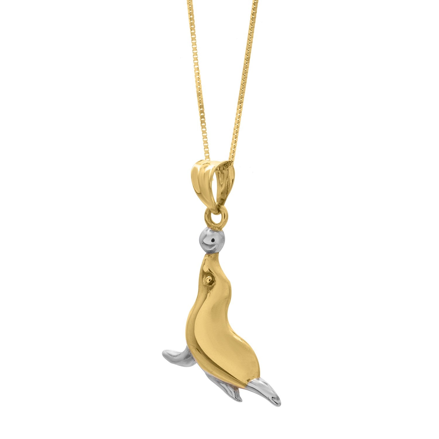 Two-tone gold seal pendant necklace on a delicate chain.