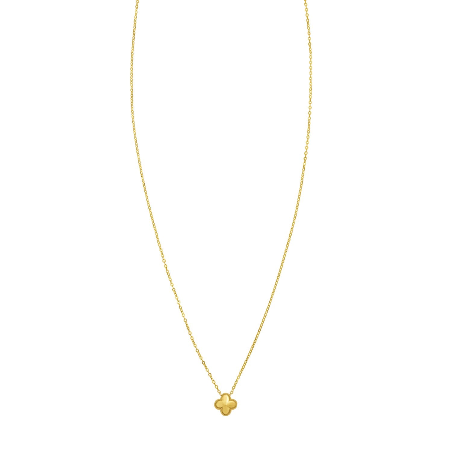 14K yellow gold puffed mini clover pendant necklace on a cable chain.