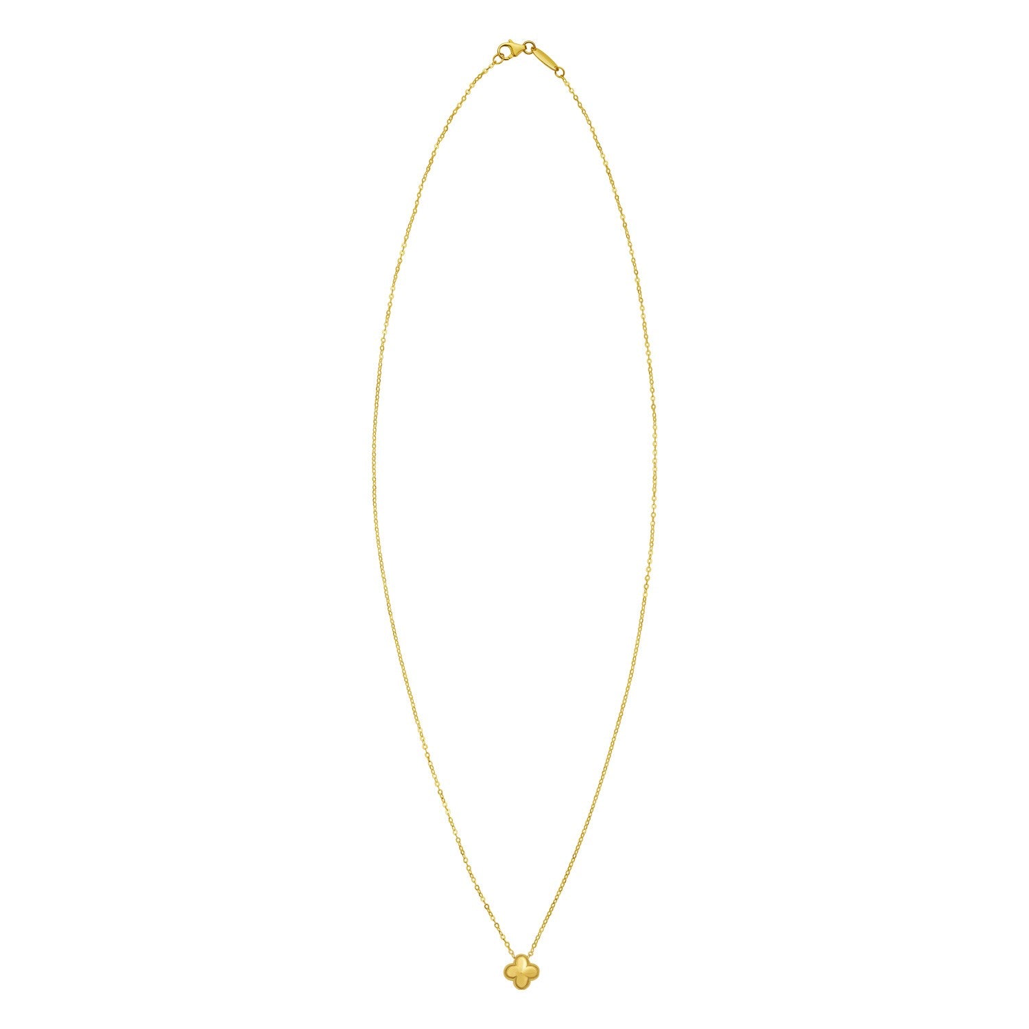 14K yellow gold necklace with a puffed mini clover pendant and a lobster clasp.