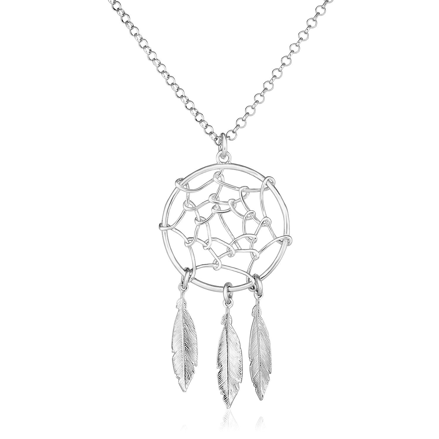 Sterling silver dream catcher necklace with three textured feather charms.