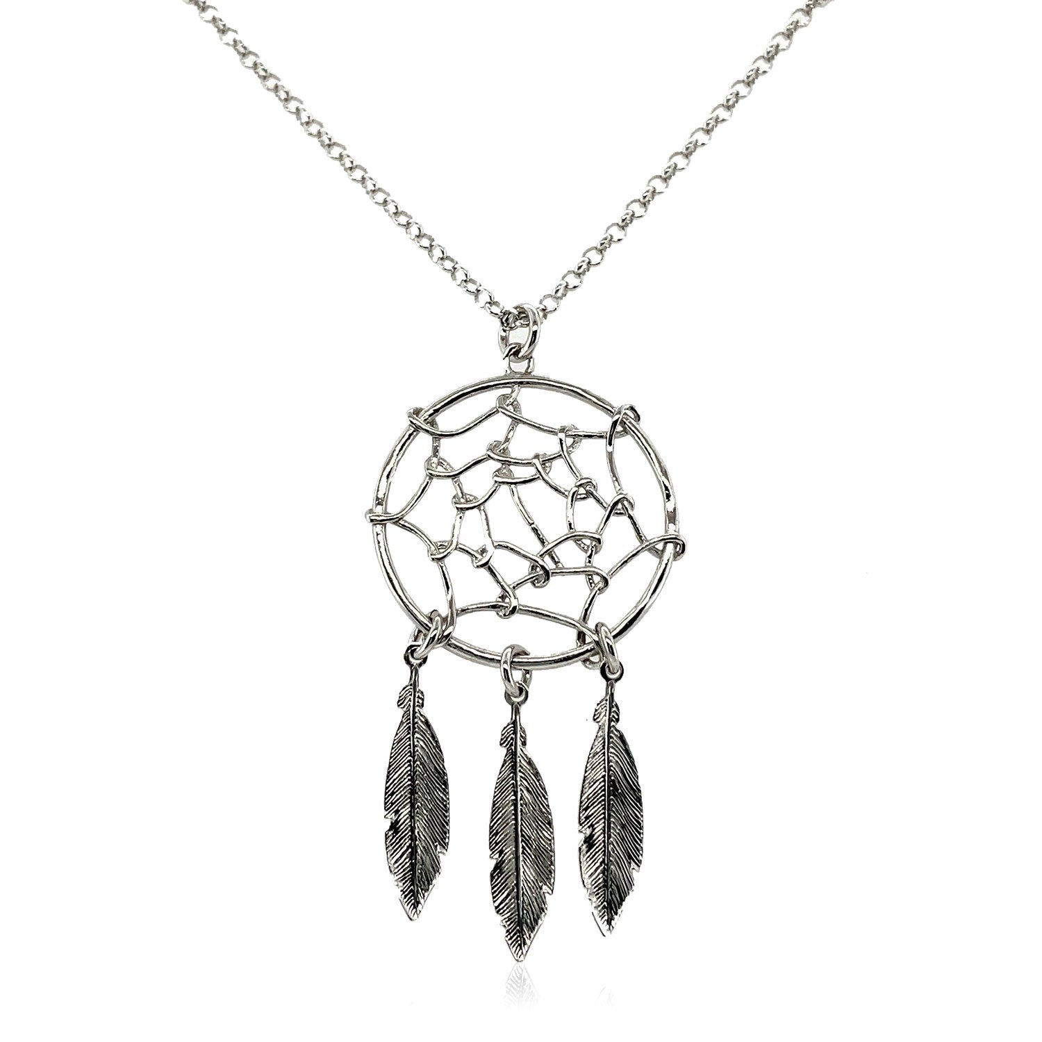Sterling silver 17-inch necklace with a dream catcher pendant and three textured feathers.