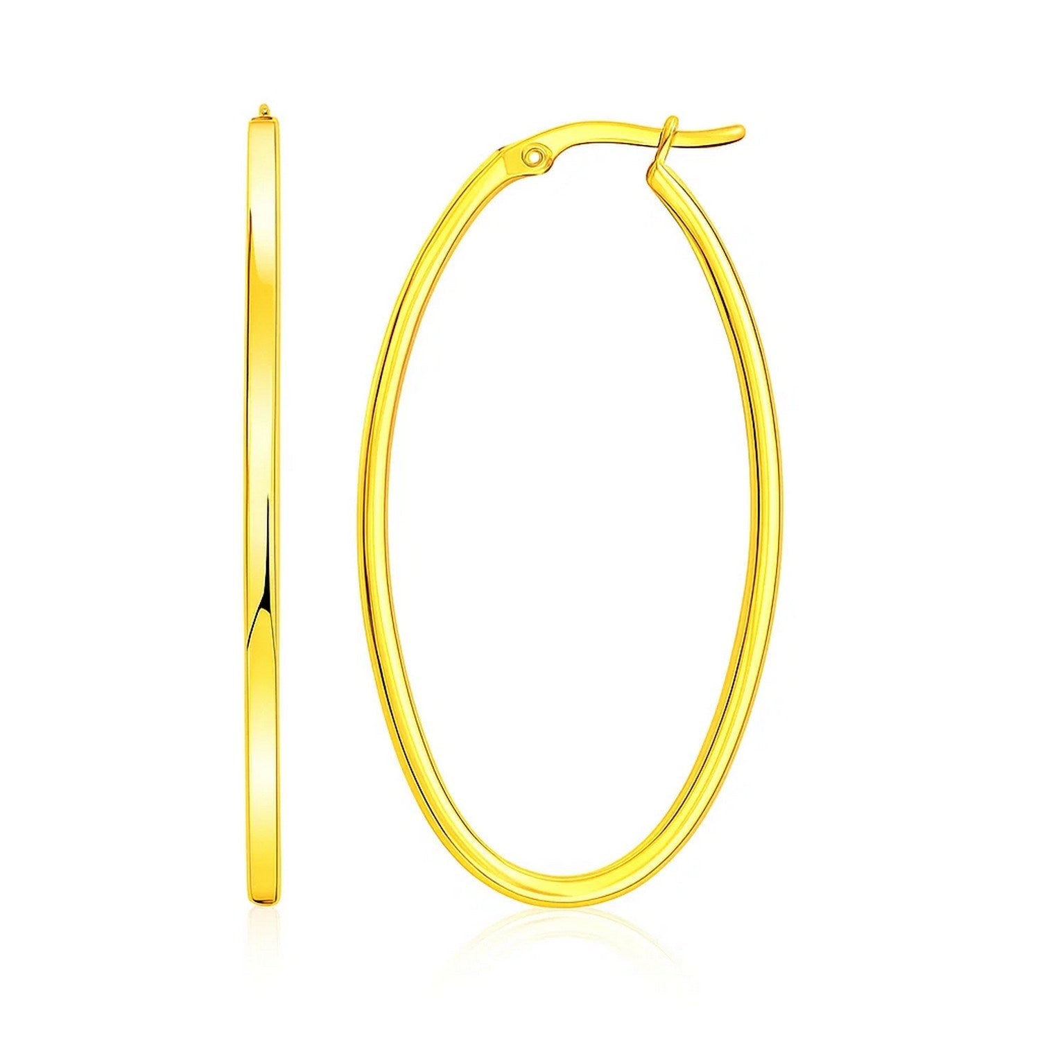 14k yellow gold slim oval hoop earrings with snap lock backings.