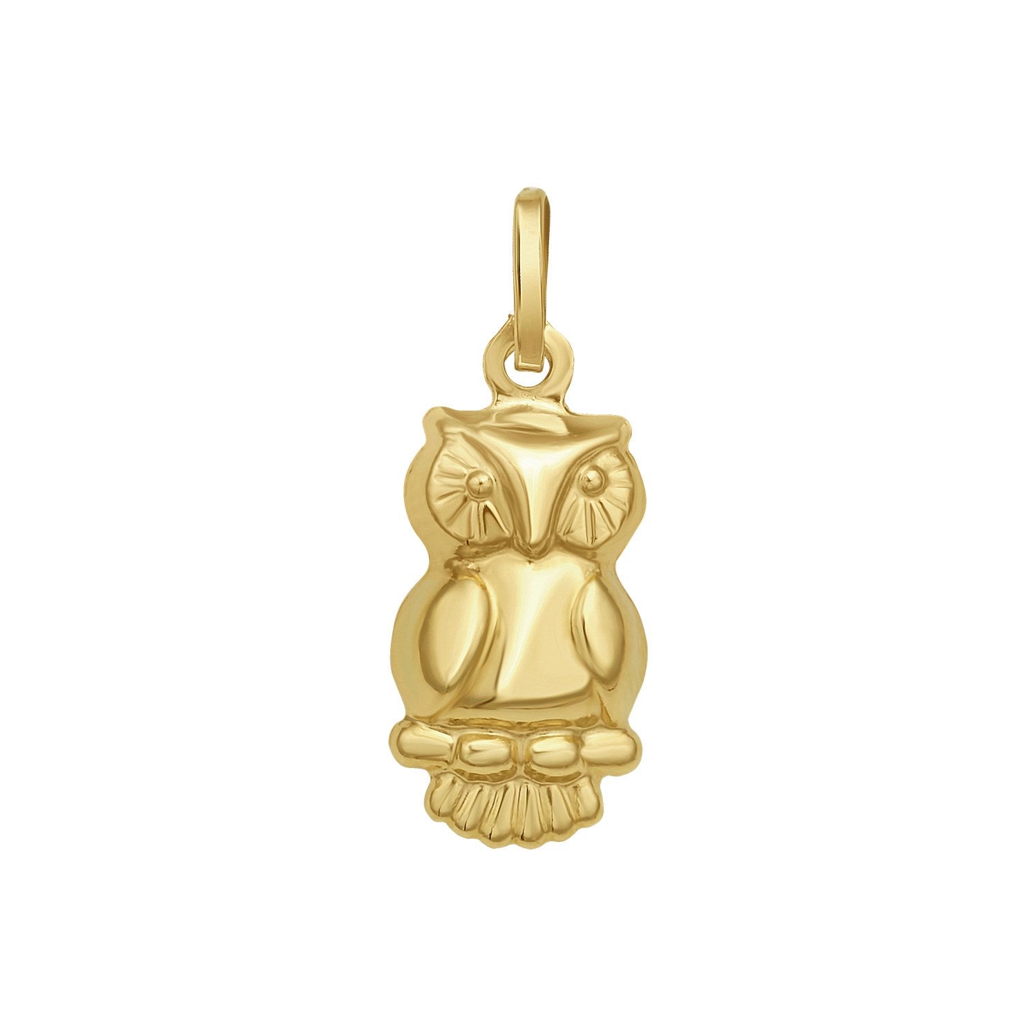 14K yellow gold polished owl charm pendant.