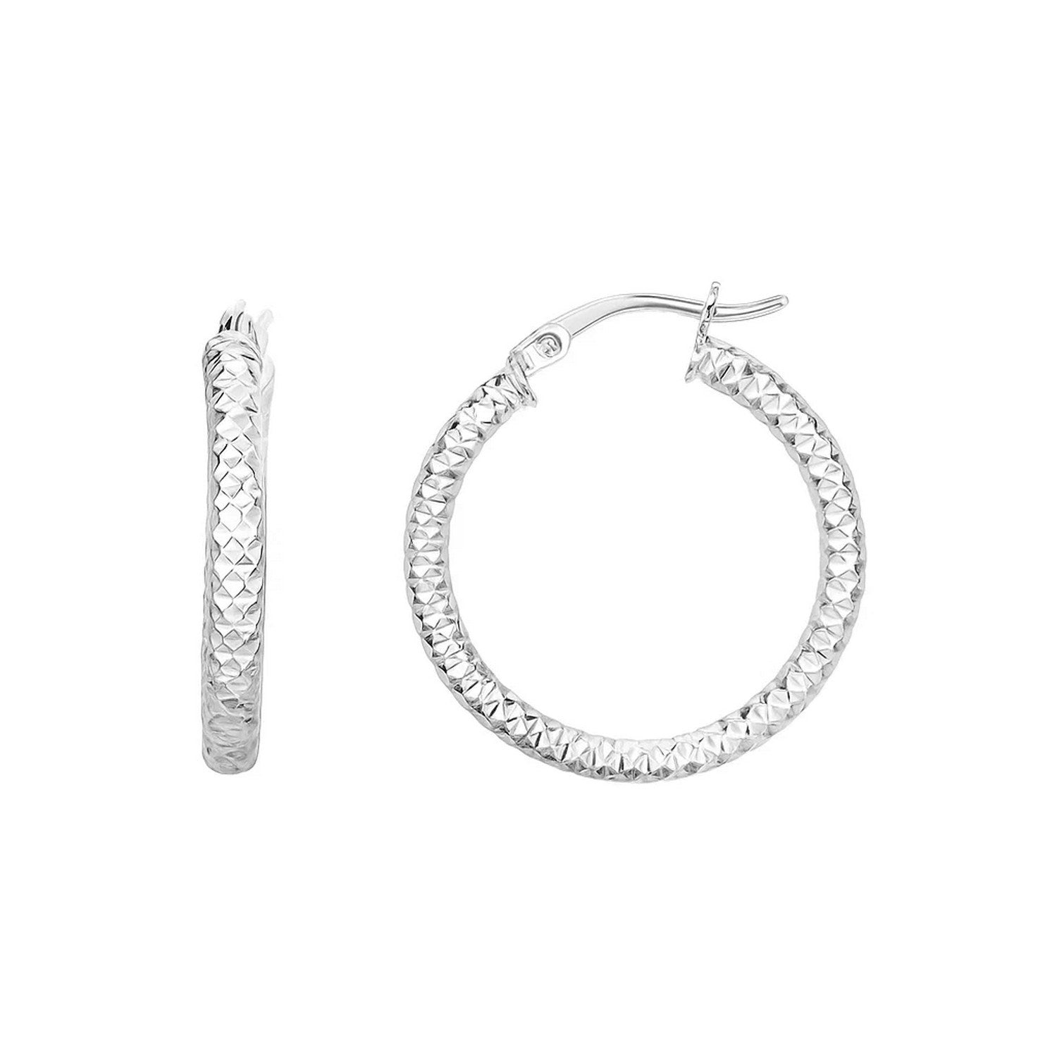 Sterling silver large hoop earrings with a braid texture and hinged snap backs.