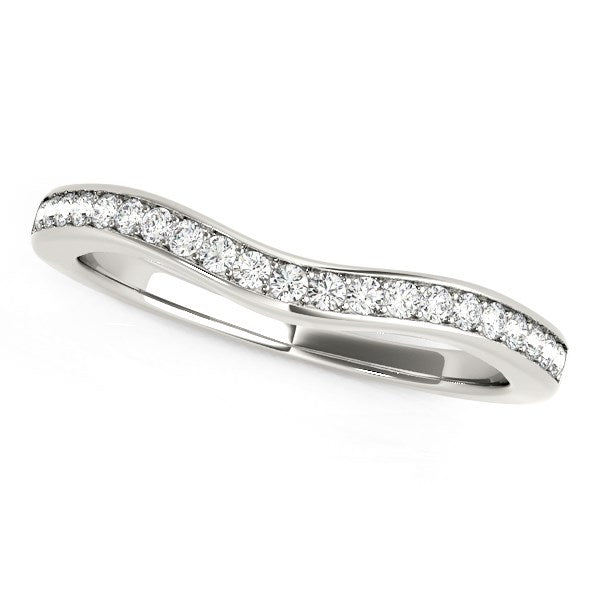 14k white gold curved wedding band with 21 prong-set round diamonds.