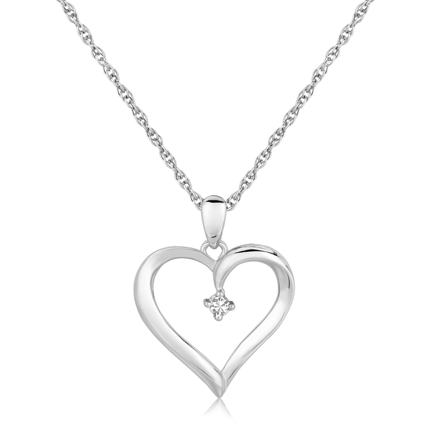 Sterling silver open heart pendant with a single diamond accent on an 18-inch cable chain.