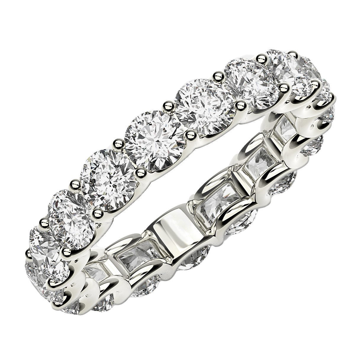 Round cut lab grown diamond eternity ring in 14k white gold.
