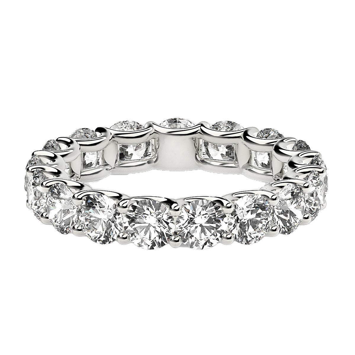 A round cut lab grown diamond eternity ring in 14k white gold.