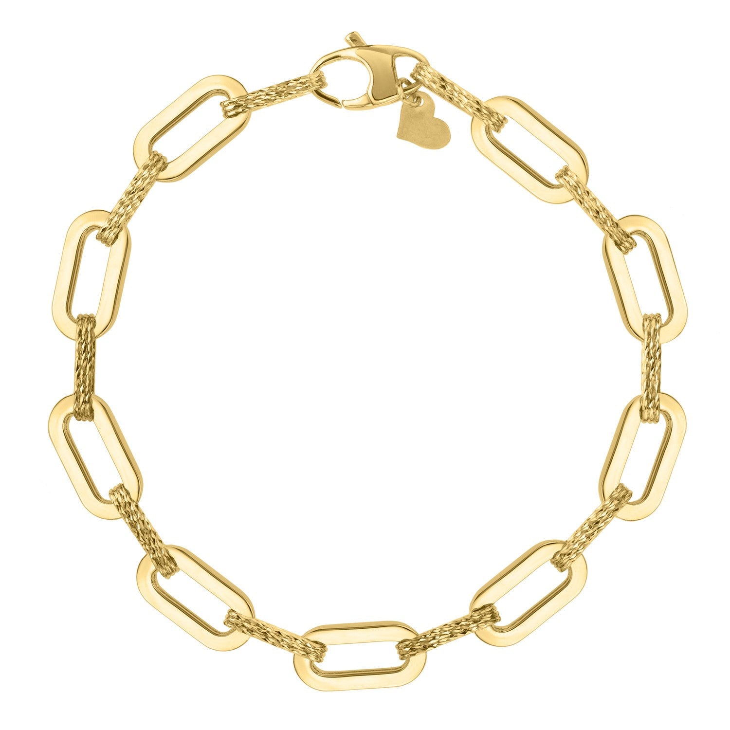 14k yellow gold paperclip chain bracelet with alternating smooth and textured links.