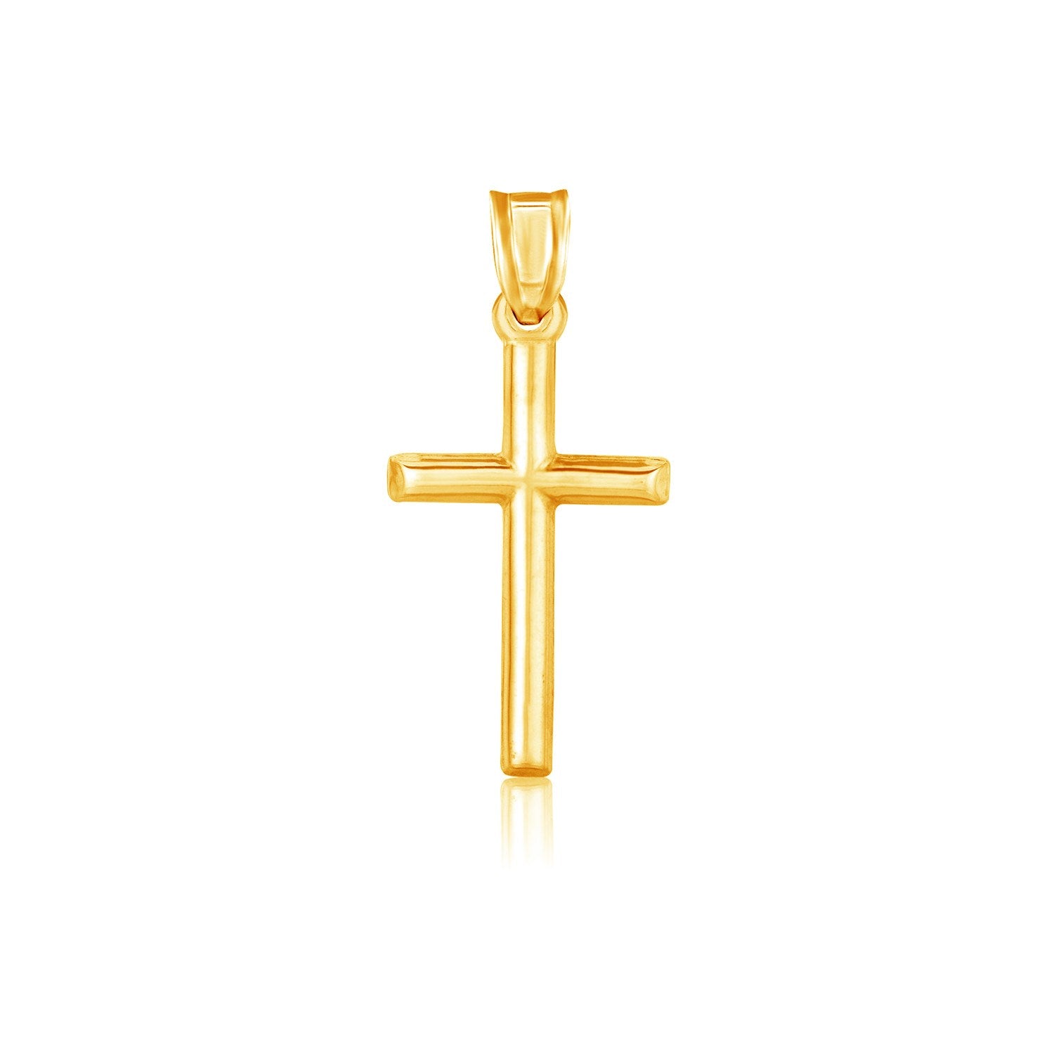 14k yellow gold high polish cross pendant with a reflective surface.