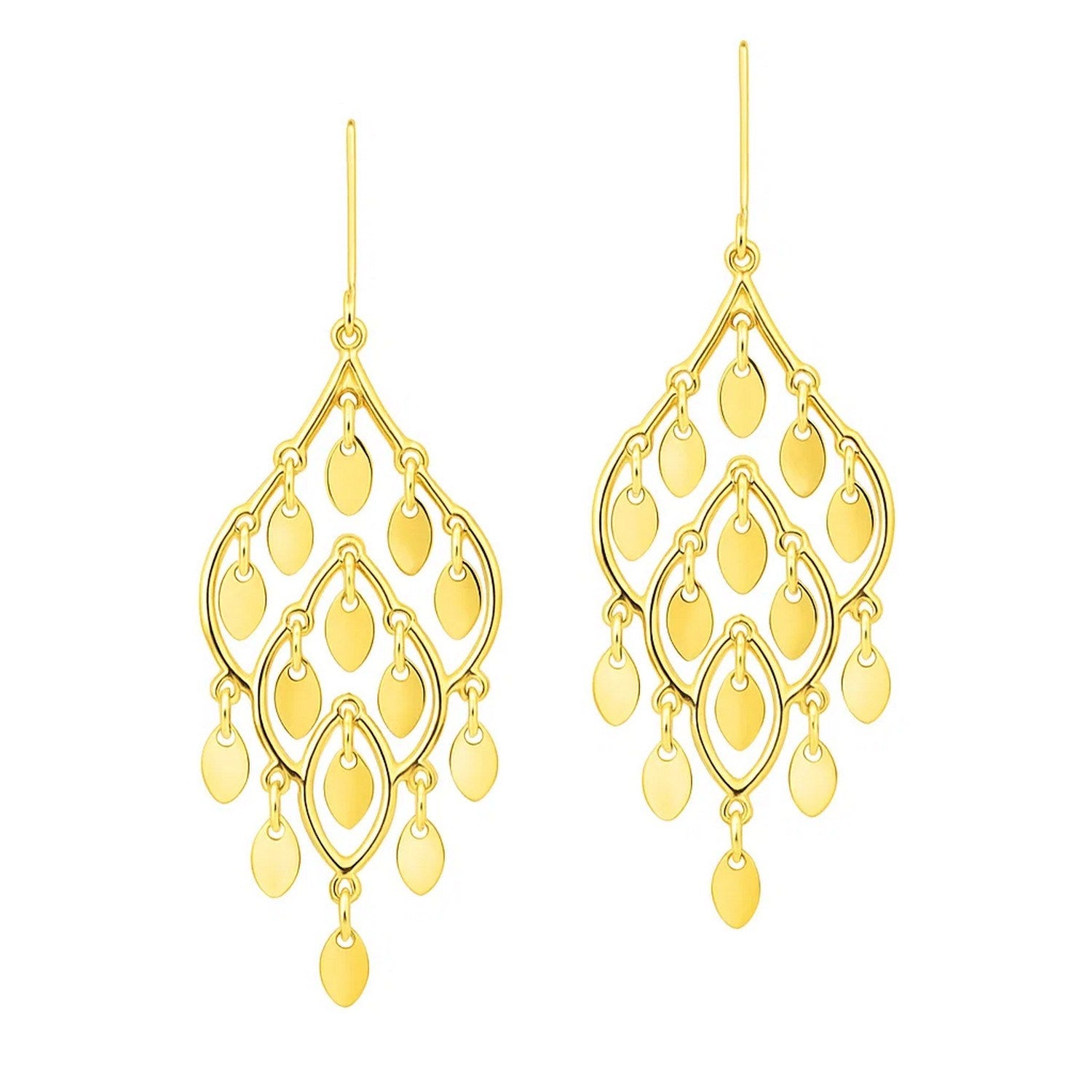 14K yellow gold polished chandelier earrings with multiple dangling oval shapes.
