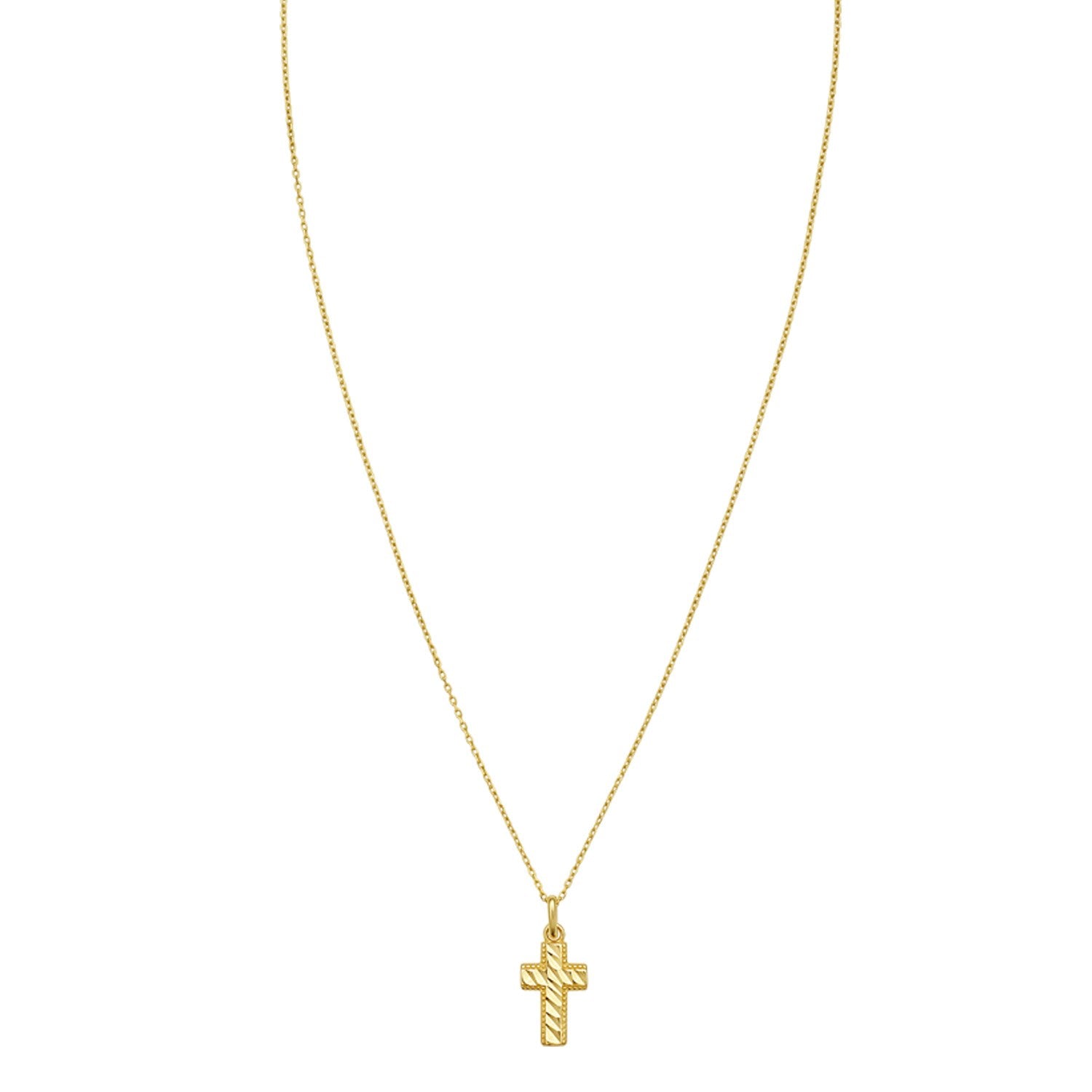 14K yellow gold necklace with a diamond-cut cross pendant on an 18-inch cable chain.