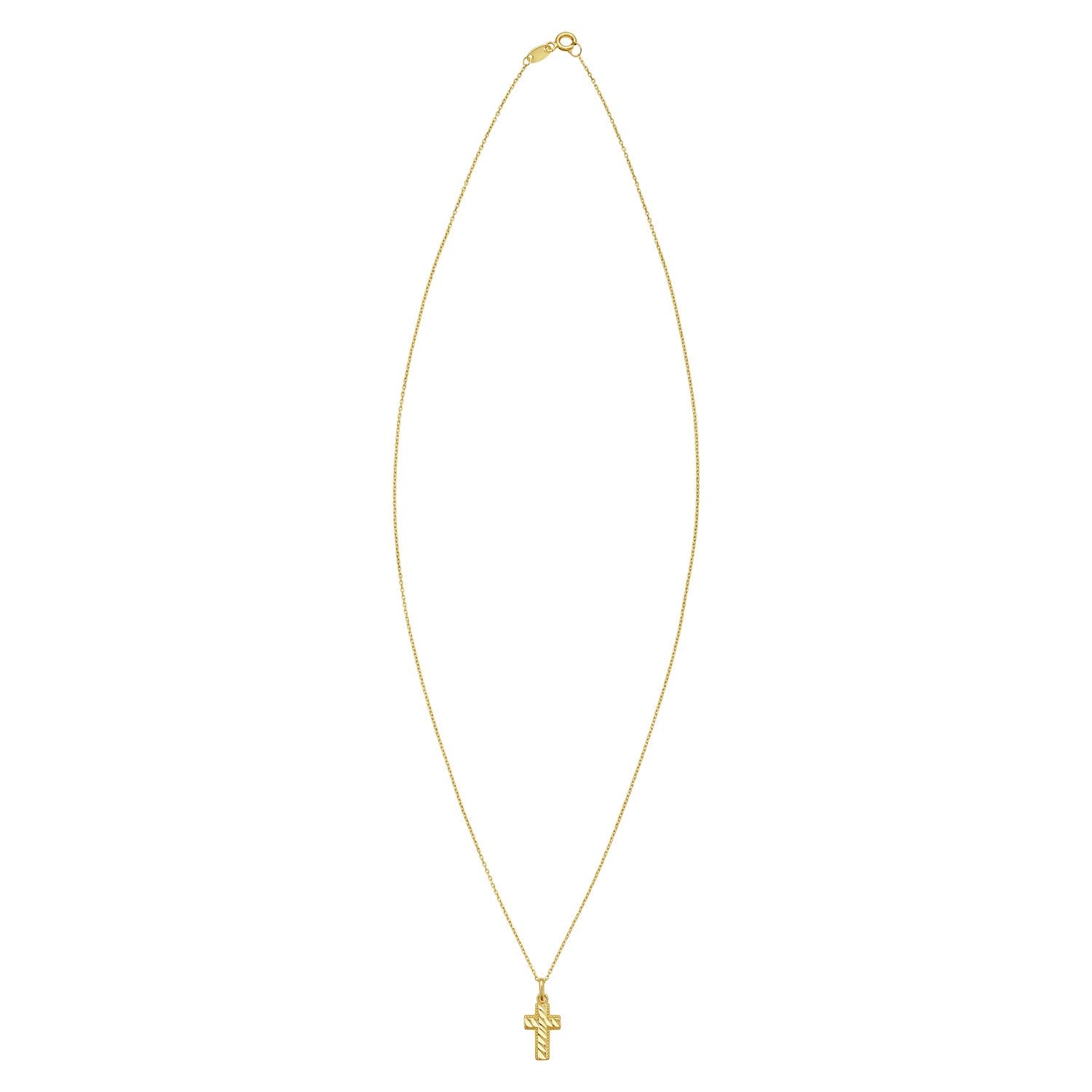 14K yellow gold diamond-cut cross necklace with an 18-inch cable chain.