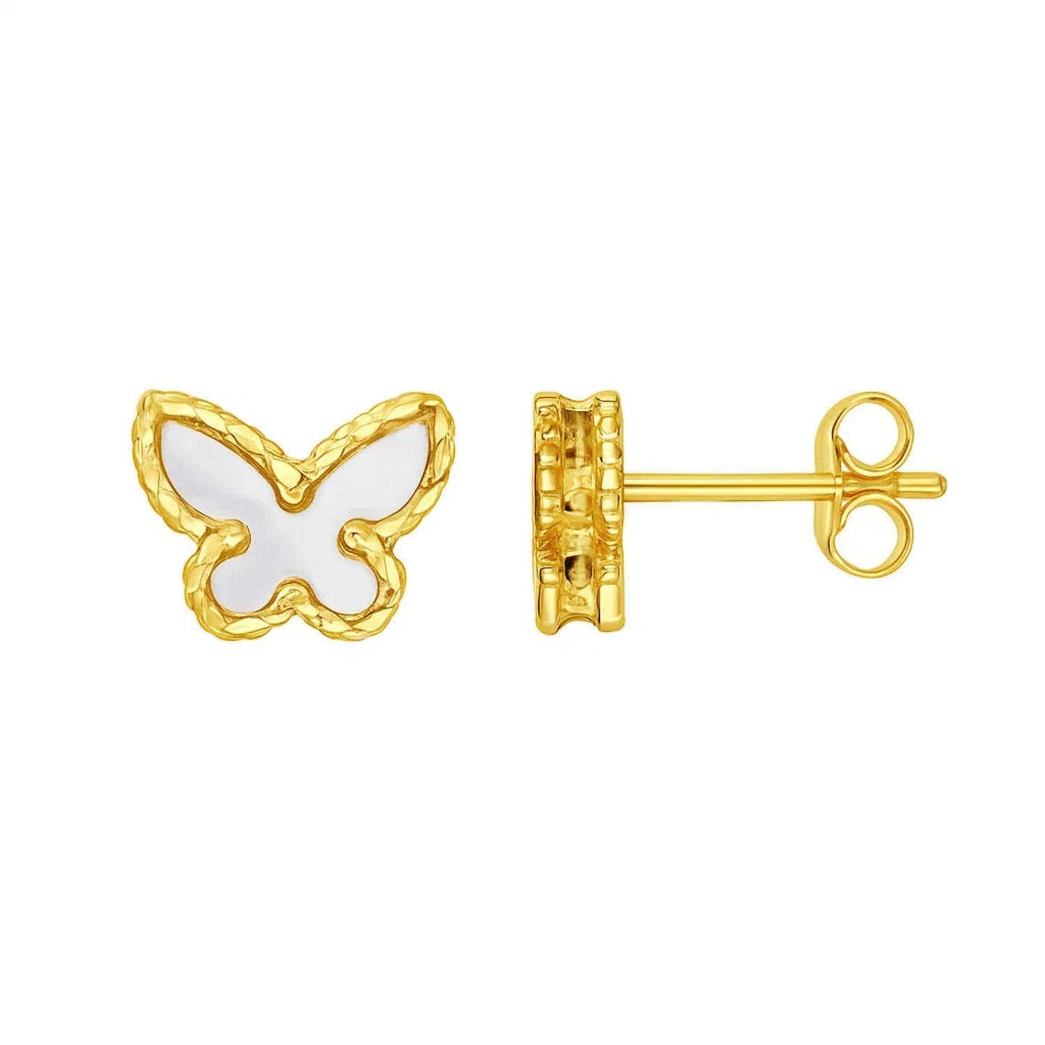14K yellow gold butterfly stud earrings with mother of pearl inlay and push-back closure.