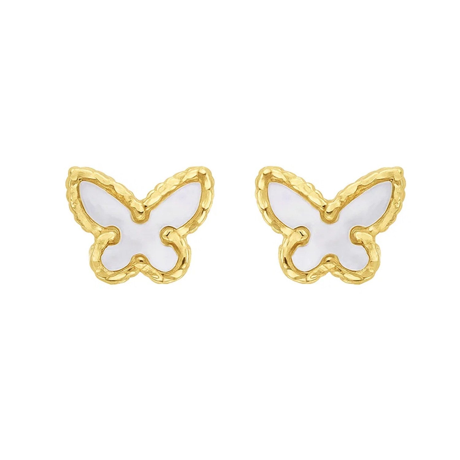 14K yellow gold butterfly stud earrings with mother of pearl inlay.