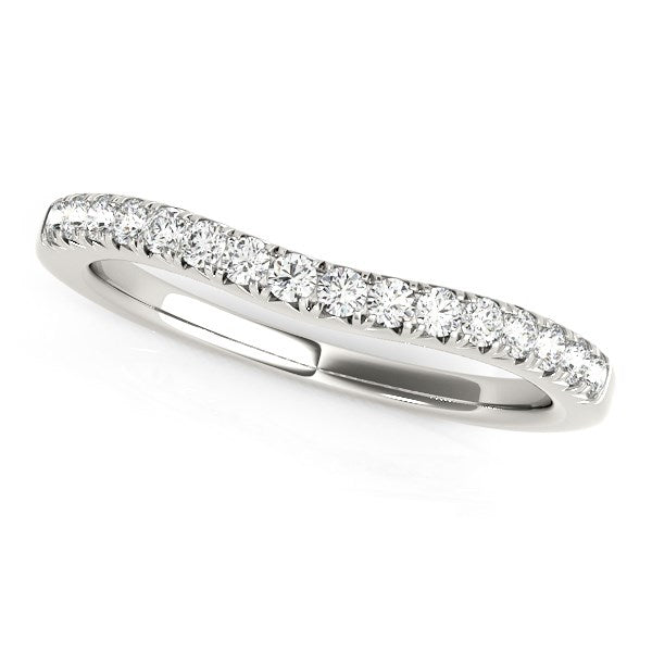 14k white gold curved wedding band with pave set round diamonds.