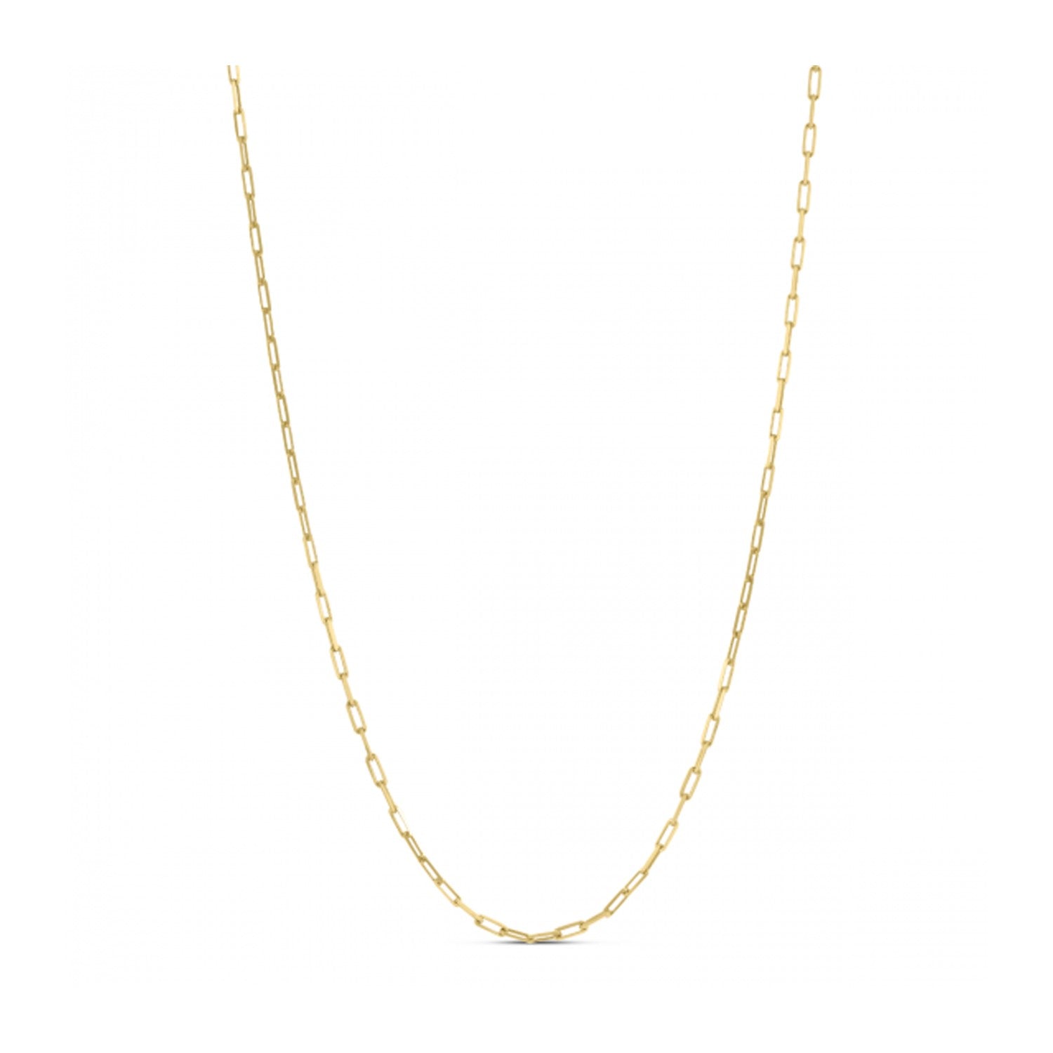 A gold-plated sterling silver paperclip chain is draped against a white background.