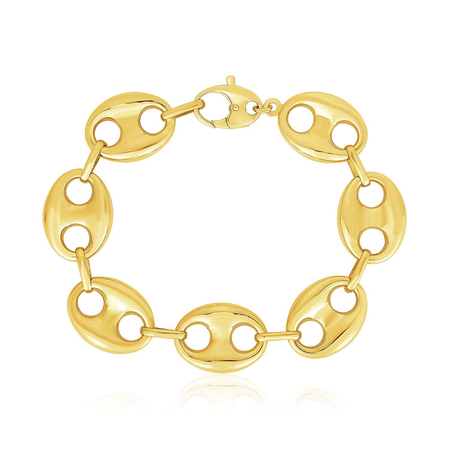 14k yellow gold high polish lite puffed mariner link bracelet with a lobster clasp.