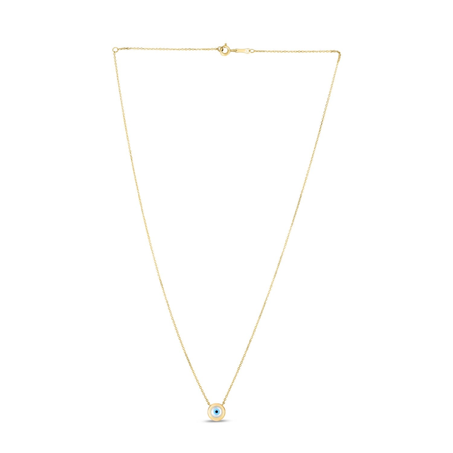 14k yellow gold rolo chain necklace with a mother of pearl evil eye pendant.
