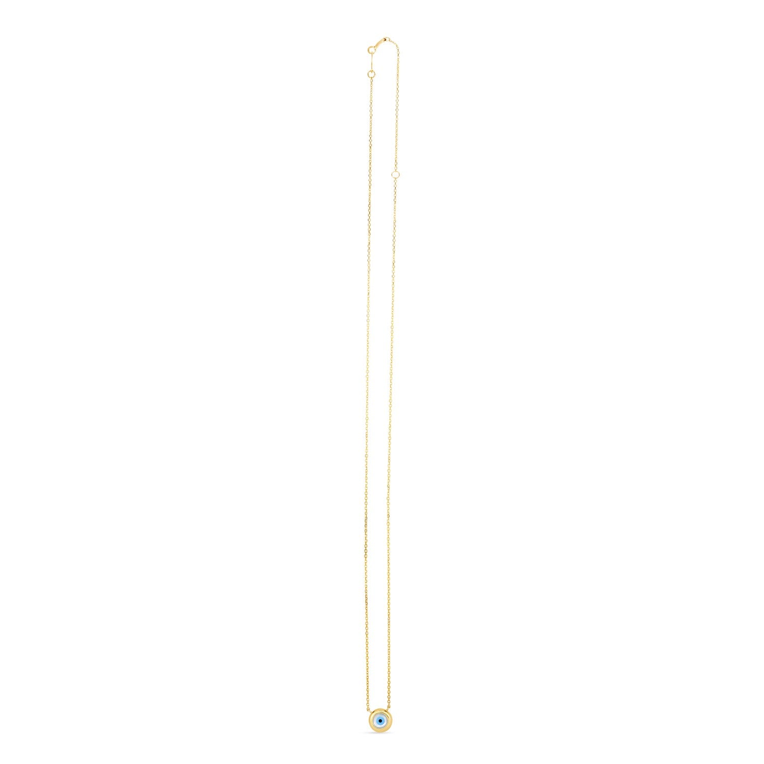 14k yellow gold rolo chain necklace with a mother-of-pearl evil eye pendant.