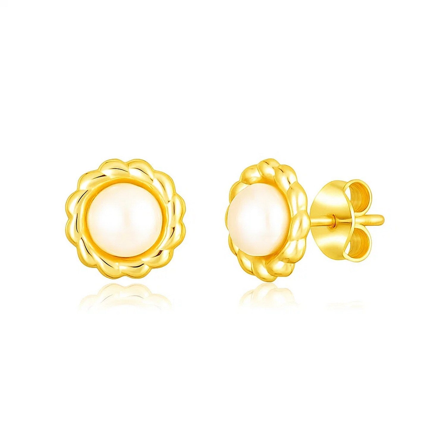 14k yellow gold flower stud earrings with pearls and snap clasps.