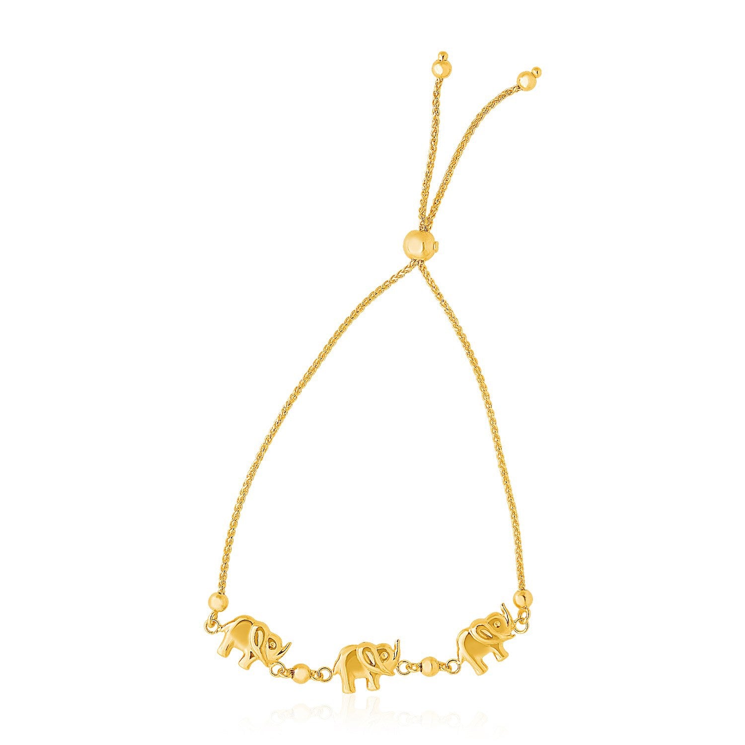 14k yellow gold lariat bracelet with three elephant stations and bead detailing.