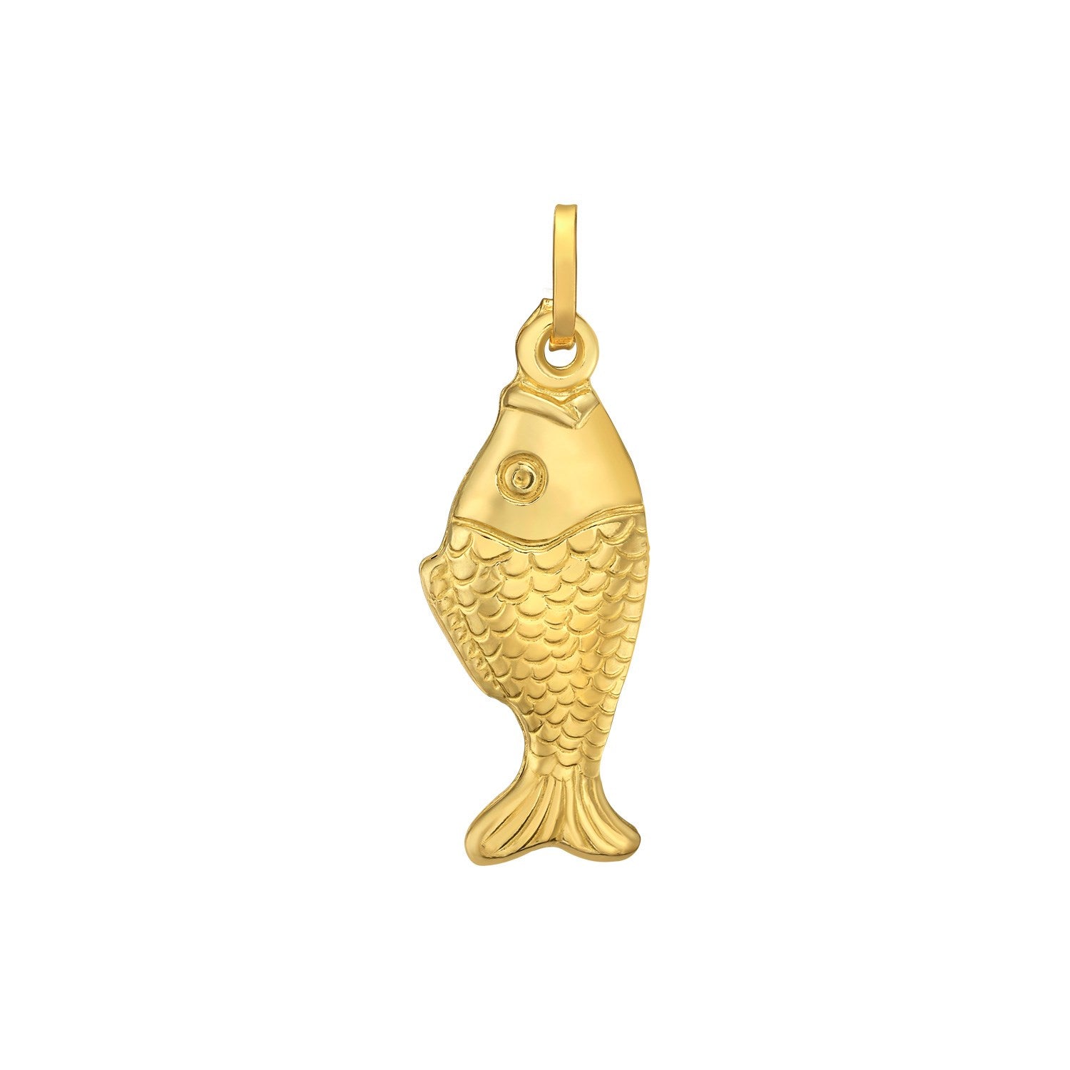 A polished 14K yellow gold fish charm pendant with a textured body.