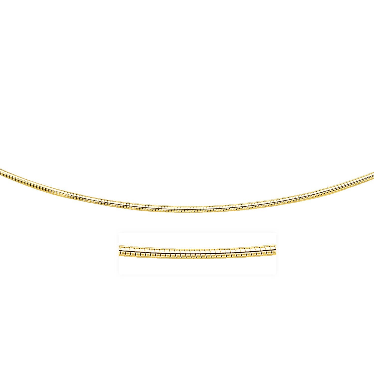 A 14k yellow gold round omega chain necklace with a close-up view.