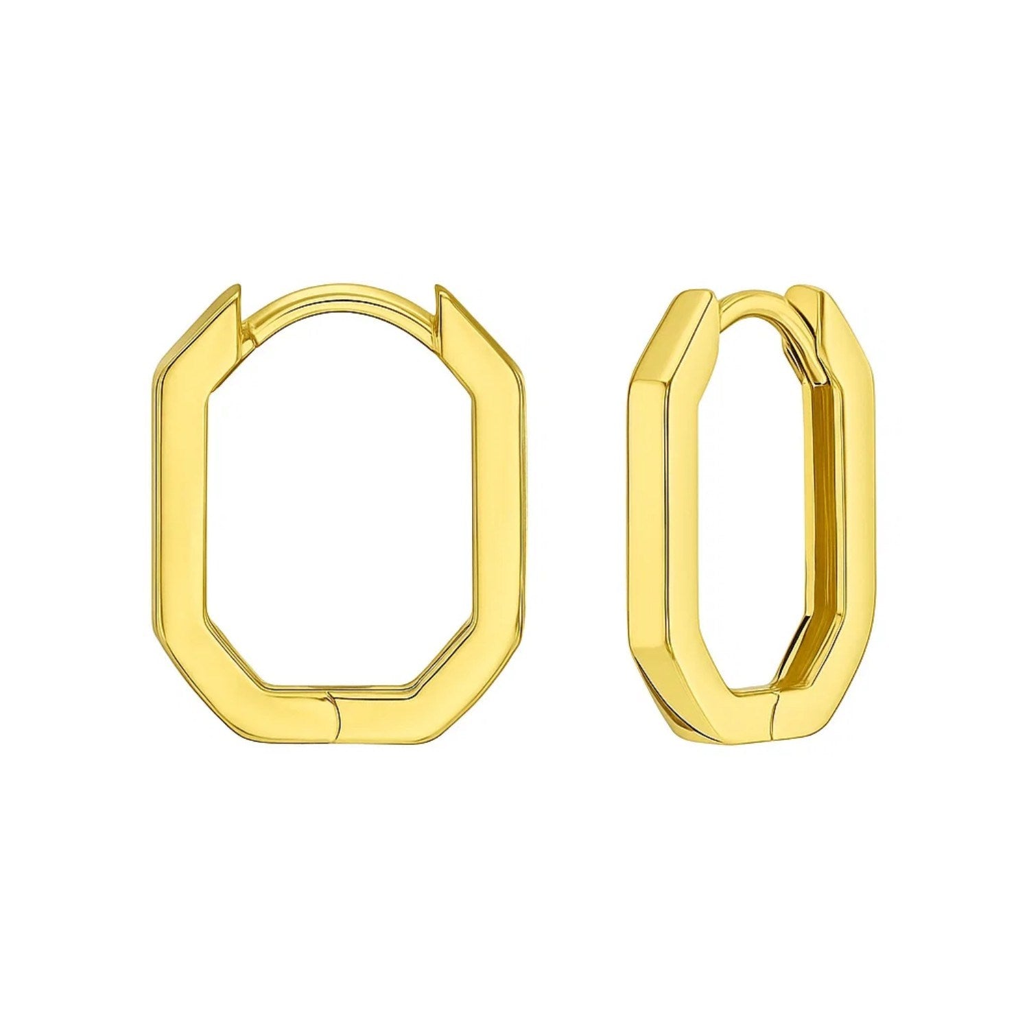 14K yellow gold hexagon hoop earrings with a snap closure.